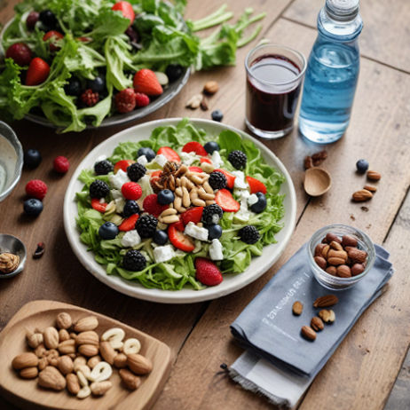 A table with a fresh salad, nuts, berries, and a glass of water alongside male enhancement pills.