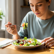 A close-up image of a person sitting at a table, looking down at a fork holding a piece of food. The focus is on the food and the person's hands, conveying a sense of calm and intentional focus on the meal.