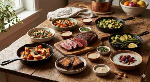 Rustic kitchen table filled with colorful Paleo dishes, grass-fed steak, roasted vegetables, almond flour brownies, coconut milk dessert, natural lighting, warm earthy tones, healthy lifestyle food photography.