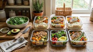 A neatly arranged paleo meal prep scene with grilled chicken, roasted vegetables, avocado slices in glass containers