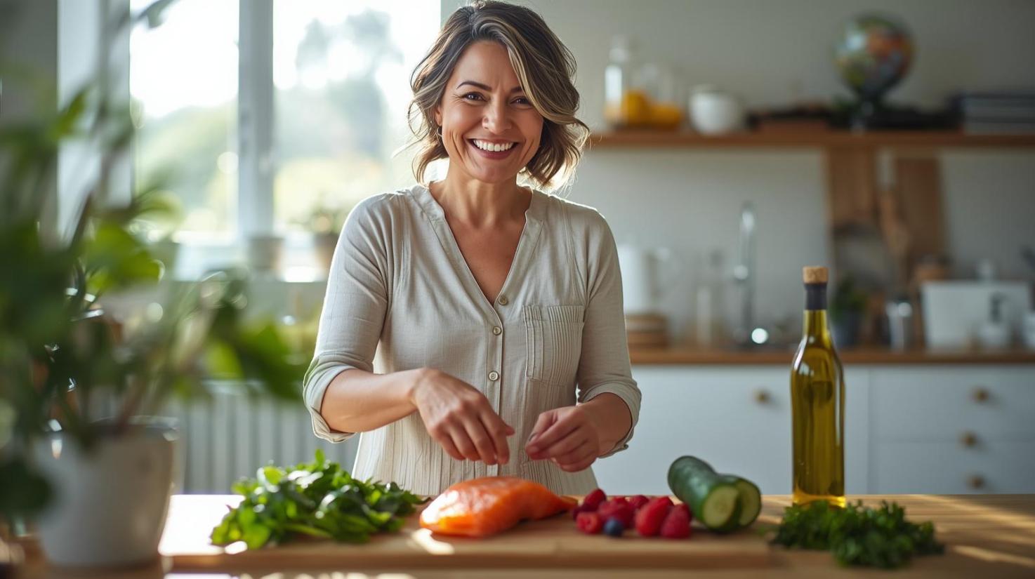 Woman prepares colorful healthy meal beside sunny kitchen counter after wellness appointment.