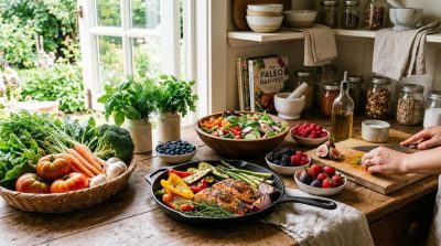 Summer paleo kitchen scene with colorful seasonal vegetables, fresh berries, grilled produce using farmers' market ingredients