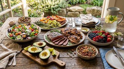 Beautiful paleo meal spread featuring grilled meats, fresh vegetables, avocados, nuts, berries on a rustic wooden table