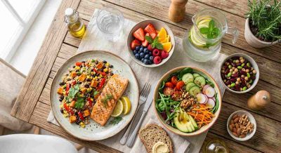 Colorful overhead view of a balanced healthy meal featuring vegetables, fruits, whole grains, fish, beans, nuts, water, and other nutritious foods arranged naturally on a dining table